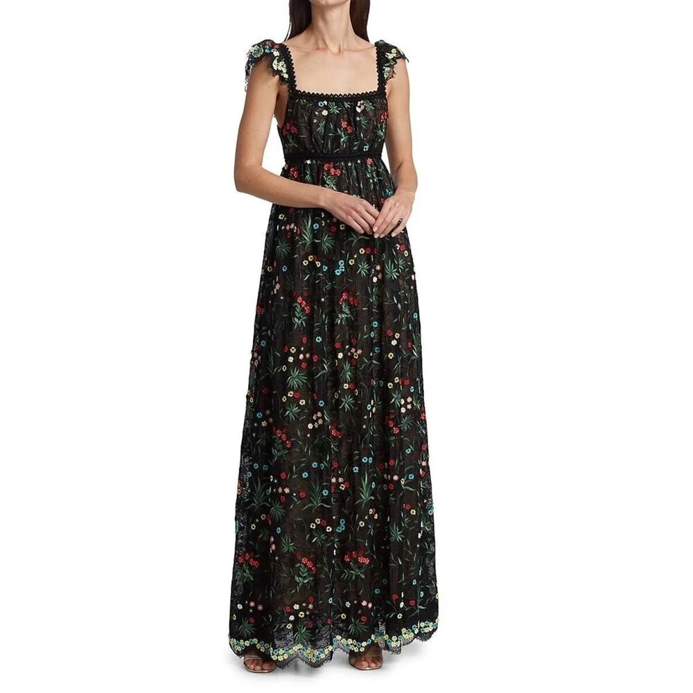 Alice + Olivia Stacey Bendet Black Floral Embroidered Lace Maxi Dress Size 12 - Picture 5 of 16